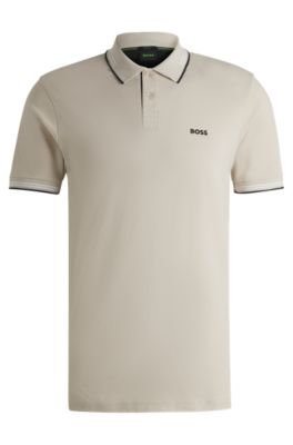 Stretch-cotton slim-fit polo shirt with branding and stripes, Light Beige