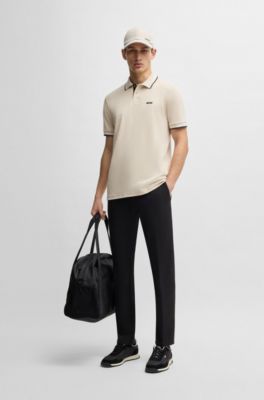 Stretch-cotton slim-fit polo shirt with branding and stripes, Light Beige