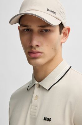 Stretch-cotton slim-fit polo shirt with branding and stripes, Light Beige