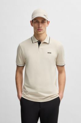 Stretch-cotton slim-fit polo shirt with branding and stripes, Light Beige