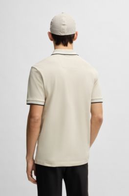 Stretch-cotton slim-fit polo shirt with branding and stripes, Light Beige