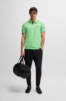 Stretch-cotton slim-fit polo shirt with branding and stripes, Green