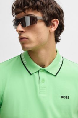 Stretch-cotton slim-fit polo shirt with branding and stripes, Green