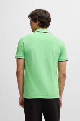 Stretch-cotton slim-fit polo shirt with branding and stripes, Green
