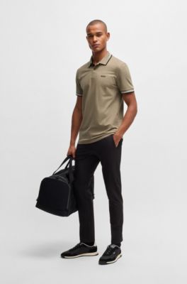 Stretch-cotton slim-fit polo shirt with branding and stripes, Light Green