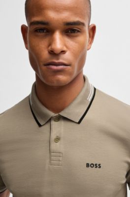 Stretch-cotton slim-fit polo shirt with branding and stripes, Light Green
