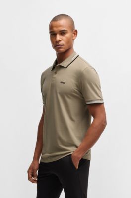 Stretch-cotton slim-fit polo shirt with branding and stripes, Light Green