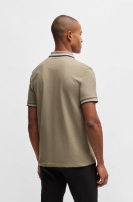 Stretch-cotton slim-fit polo shirt with branding and stripes, Light Green