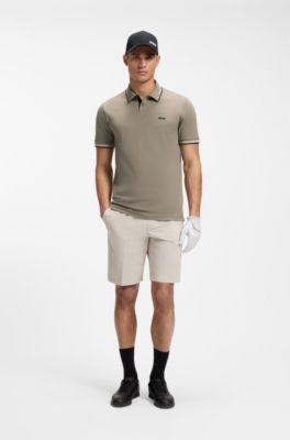 Stretch-cotton slim-fit polo shirt with branding and stripes, Light Green