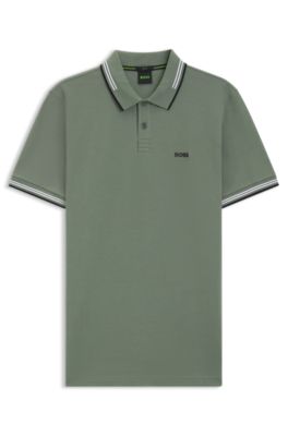 Stretch-cotton slim-fit polo shirt with branding and stripes, Light Green