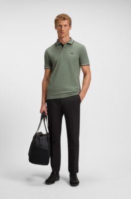 Stretch-cotton slim-fit polo shirt with branding and stripes, Light Green
