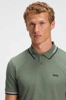 Stretch-cotton slim-fit polo shirt with branding and stripes, Light Green