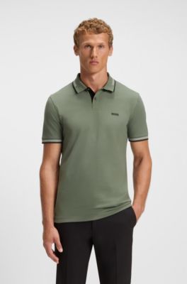 Stretch-cotton slim-fit polo shirt with branding and stripes, Light Green