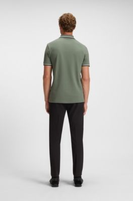 Stretch-cotton slim-fit polo shirt with branding and stripes, Light Green