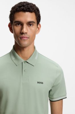 Slim-fit polo shirt with contrast-stripe details, Light Green