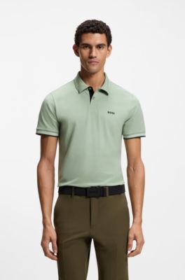 Stretch-cotton slim-fit polo shirt with branding and stripes, Light Green