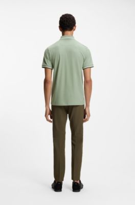Stretch-cotton slim-fit polo shirt with branding and stripes, Light Green