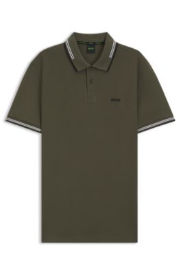 Stretch-cotton slim-fit polo shirt with branding and stripes, Light Green
