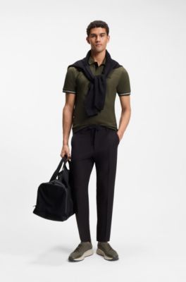 Stretch-cotton slim-fit polo shirt with branding and stripes, Light Green