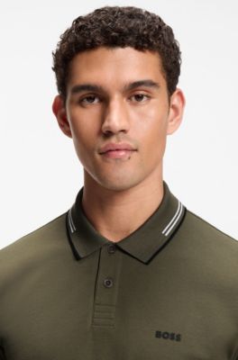 Stretch-cotton slim-fit polo shirt with branding and stripes, Light Green