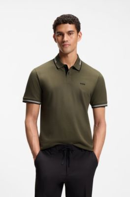 Stretch-cotton slim-fit polo shirt with branding and stripes, Light Green
