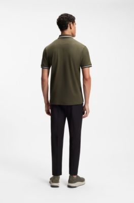 Stretch-cotton slim-fit polo shirt with branding and stripes, Light Green