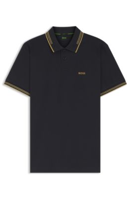 Polo slim fit con detalles de rayas en contraste, Azul oscuro