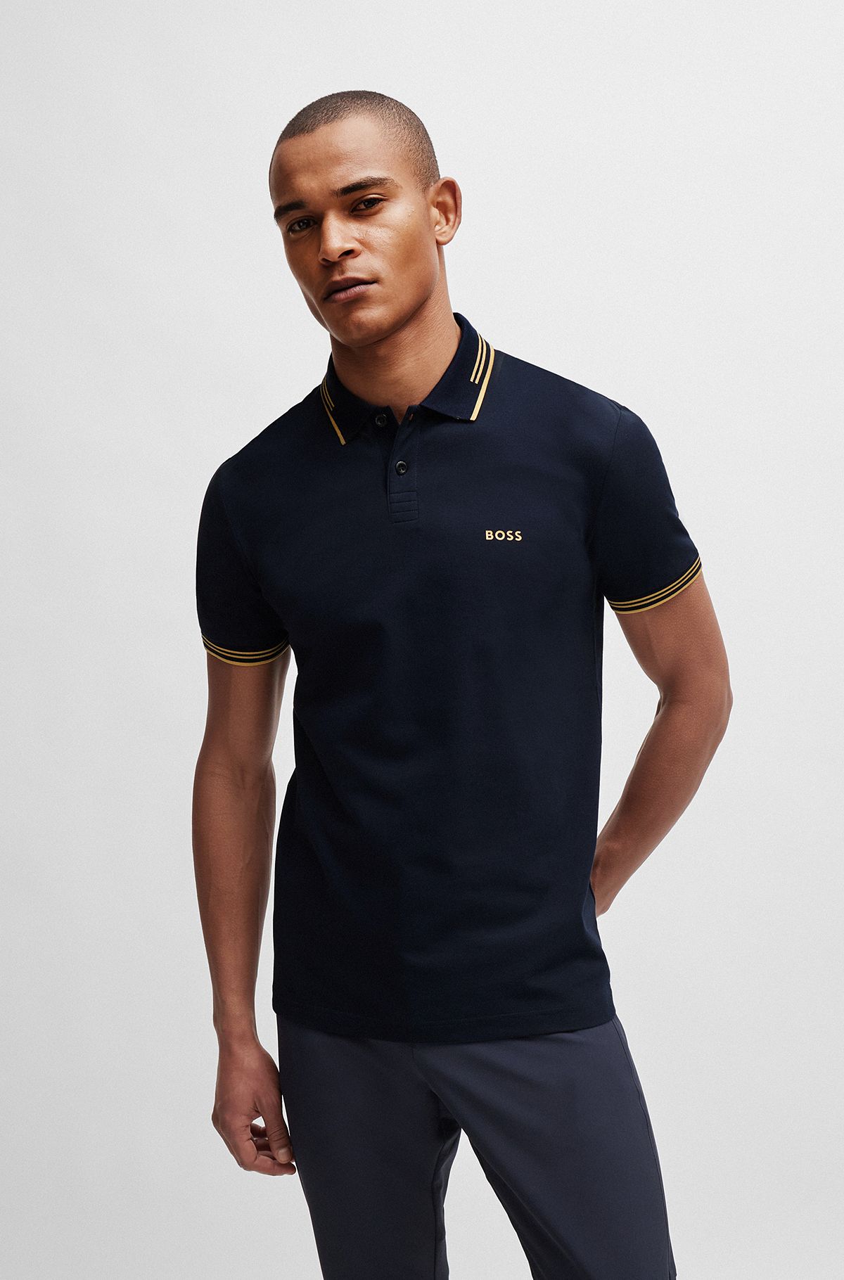 Stretch-cotton slim-fit polo shirt with branding, Dark Blue