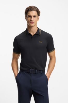 Stretch-cotton slim-fit polo shirt with branding and stripes, Dark Blue