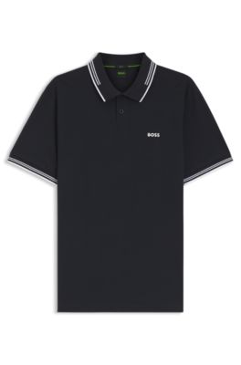 Stretch-cotton slim-fit polo shirt with branding and stripes, Dark Blue