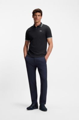 Stretch-cotton slim-fit polo shirt with branding and stripes, Dark Blue