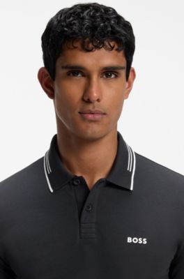 Polo slim fit con detalles de rayas en contraste, Azul oscuro