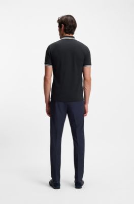 Stretch-cotton slim-fit polo shirt with branding and stripes, Dark Blue