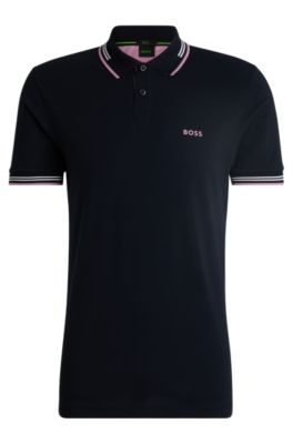 Stretch-cotton slim-fit polo shirt with branding and stripes, Dark Blue