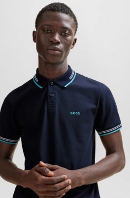 Stretch-cotton slim-fit polo shirt with branding and stripes, Dark Blue