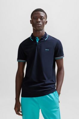 Stretch-cotton slim-fit polo shirt with branding and stripes, Dark Blue