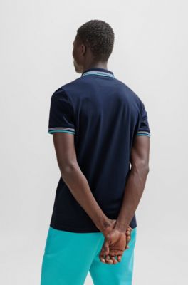 Stretch-cotton slim-fit polo shirt with branding and stripes, Dark Blue