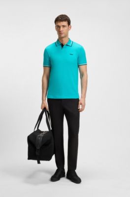 Stretch-cotton slim-fit polo shirt with branding and stripes, Light Blue