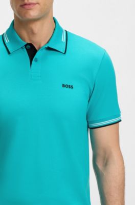 Stretch-cotton slim-fit polo shirt with branding and stripes, Light Blue