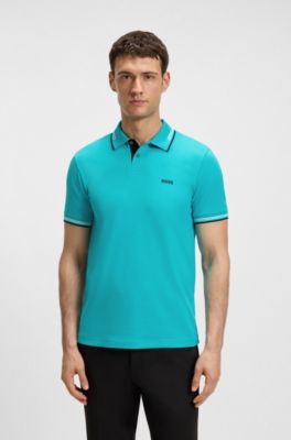 Stretch-cotton slim-fit polo shirt with branding and stripes, Light Blue