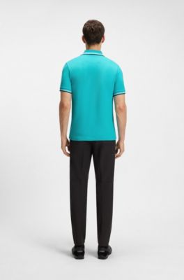 Stretch-cotton slim-fit polo shirt with branding and stripes, Light Blue