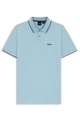 Stretch-cotton slim-fit polo shirt with branding and stripes, Light Blue