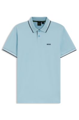 Stretch-cotton slim-fit polo shirt with branding and stripes, Light Blue