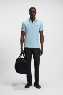 Stretch-cotton slim-fit polo shirt with branding and stripes, Light Blue