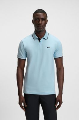 Polo Slim en coton stretch logot&eacute;, bleu clair