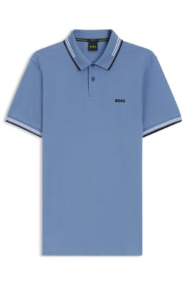 Stretch-cotton slim-fit polo shirt with branding and stripes, Light Blue