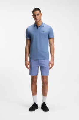 Stretch-cotton slim-fit polo shirt with branding and stripes, Light Blue