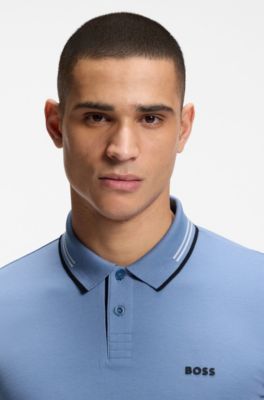 Stretch-cotton slim-fit polo shirt with branding and stripes, Light Blue