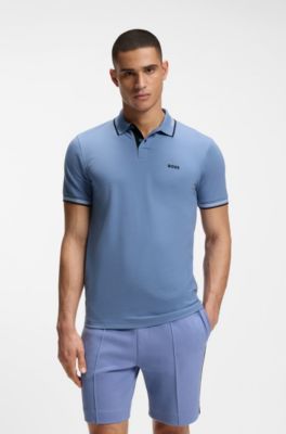 Stretch-cotton slim-fit polo shirt with branding and stripes, Light Blue
