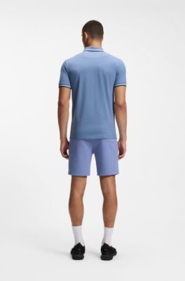 Stretch-cotton slim-fit polo shirt with branding and stripes, Light Blue
